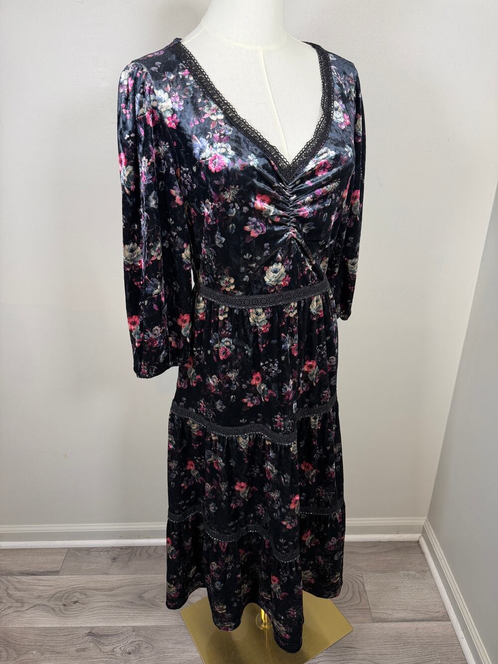 Suzanne Betro Floral Velvet Tiered Maxi Dress Moody Goth Romantic Boho Witchy